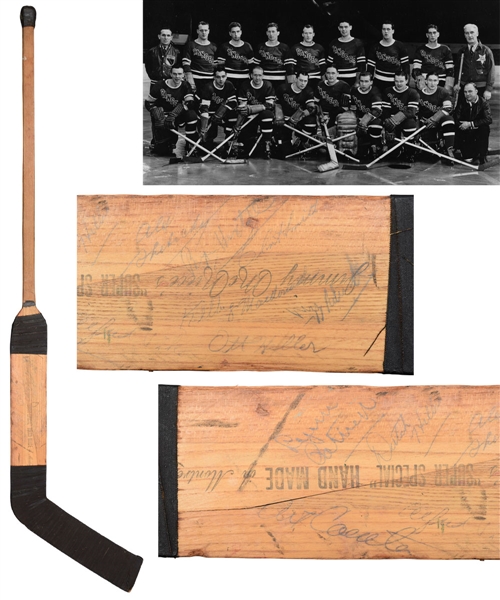 Dave Kerrs Circa 1939-40 New York Rangers Stanley Cup Champions Team-Signed Game-Used Stick with Deceased HOFers Hextall, Patrick, Smith and Coulter