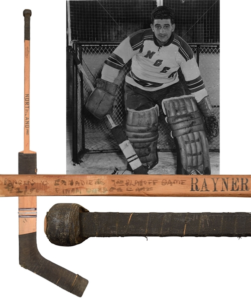 Chuck Rayners New York Rangers Game-Used Stick with "Rangers vs Canadiens 1950 Playoffs" Annotation