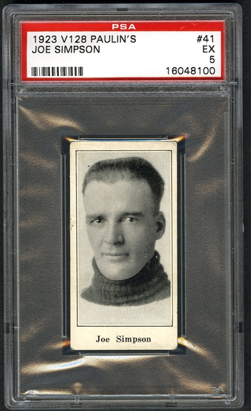 1923-24 Paulins Candy V128 Hockey Card #41 HOFer Joe Simpson RC - Graded PSA 5 - Highest Graded!