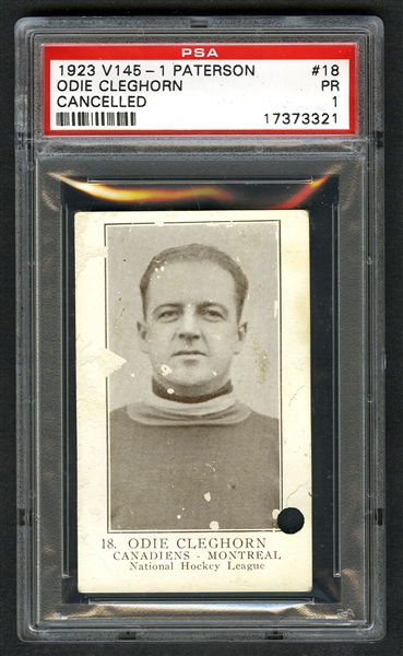 1923-24 William Patterson V145-1 (Cancelled) Hockey Card #18 Odie Cleghorn RC - Graded PSA 1 - Highest Graded!
