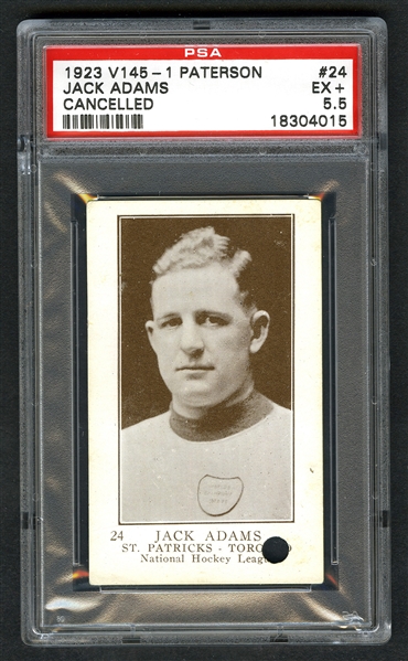 1923-24 William Patterson V145-1 (Cancelled) Hockey Card #24 HOFer Jack Adams RC - Graded PSA 5.5 - Highest Graded!