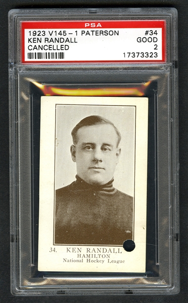 1923-24 William Patterson V145-1 (Cancelled) Hockey Card #34 Ken Randall RC - Graded PSA 2 - Highest Graded!