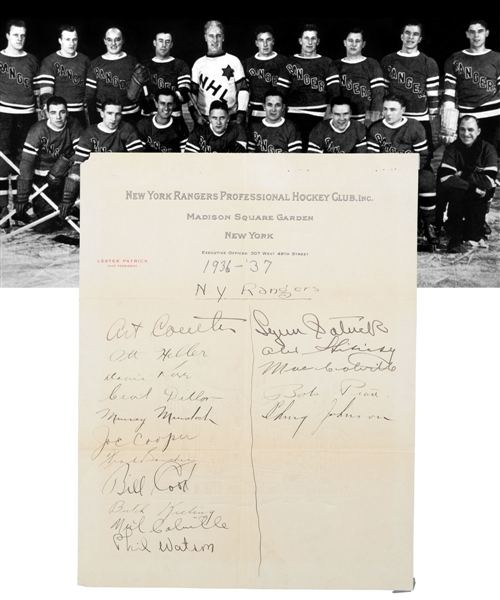 New York Rangers 1936-37 Team-Signed Sheet by 16 with 7 Deceased HOFers