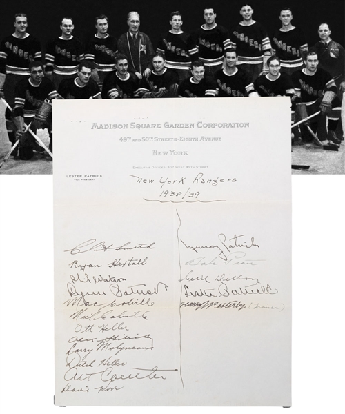 New York Rangers 1938-39 Team-Signed Sheet by 17 with 7 Deceased HOFers