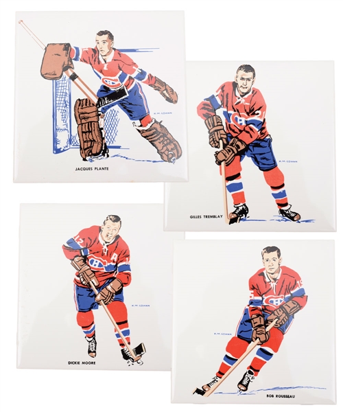 1962-63 H.M. Cowan/Screenart Montreal Canadiens Tiles (4) with Jacques Plante