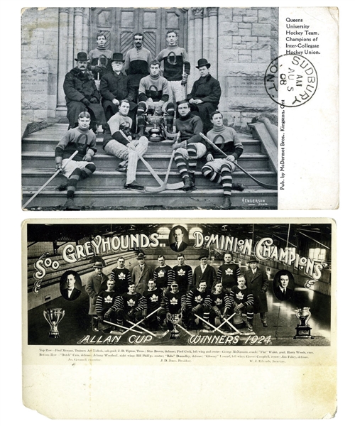 1906 Queens University and 1924 Soo Greyhounds Team Photo Postcards with HOFers Richardson, Walsh and Cook