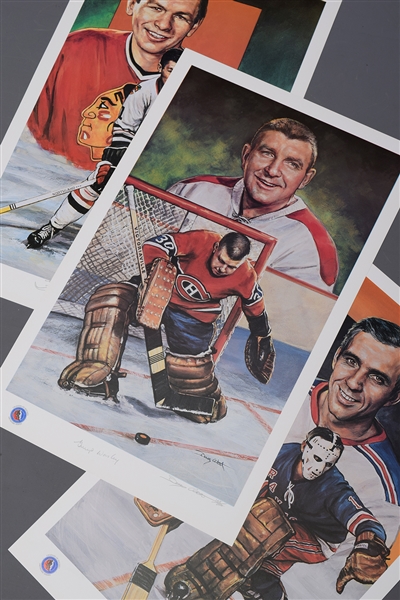 Mikita, Giacomin and Worsley Signed Limited-Edition Hockey Hall of Fame Art Prints by Doug West with COAs