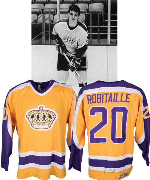 Luc Robitailles 1986-87 Los Angeles Kings Signed Game-Worn Rookie Season Jersey with LOA - 20th Patch! - Team Repairs! - Photo-Matched!
