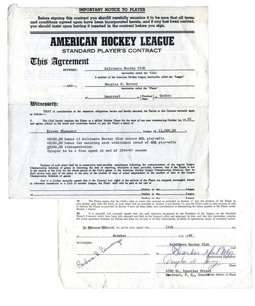 Doug Harveys 1966-67 AHL Baltimore Clippers Signed AHL Official Contract