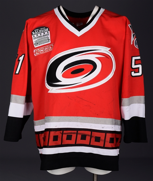 Andrei Kovalenkos 1999-2000 Carolina Hurricanes Game-Worn Jersey - Raleigh Arena Inaugural Season and Chiasson "3" Patches!