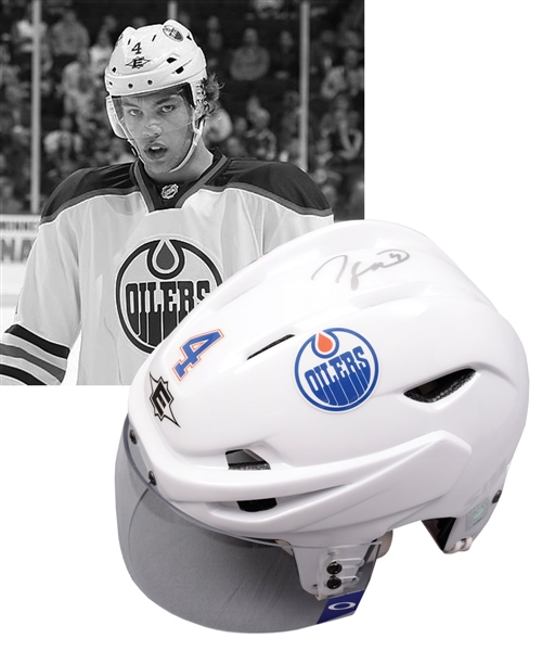 Taylor Halls 2011-12 Edmonton Oilers Signed Game-Worn Helmet with Team LOA - Photo-Matched!