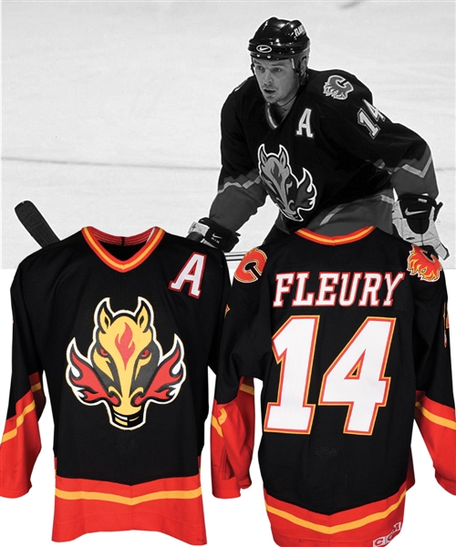 Theoren Fleurys 1998-99 Calgary Flames Game-Worn Alternate Captains Third Jersey with Team LOA - Photo-Matched!
