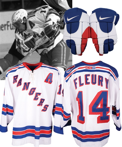Theoren Fleurys 2001-02 New York Rangers Game-Worn Alternate Captains Jersey with Team LOA and 1999-2000 Game-Used Gloves with LOA