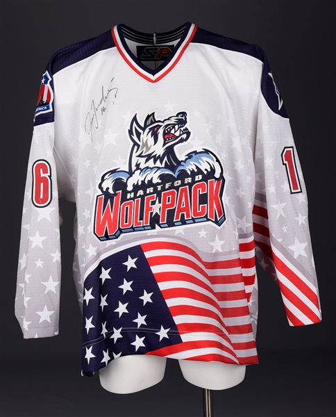 Jamie Lundmarks 2001-02 AHL Hartford Wolf Pack Signed Game-Worn "US Flag" Jersey for Twin Towers Fund with Team LOA