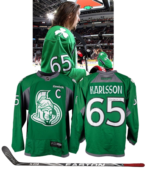 Erik Karlssons 2014-15 Ottawa Senators Signed St. Patricks Day Warm-Up Worn Captains Jersey Plus Easton Signed Game-Used Stick