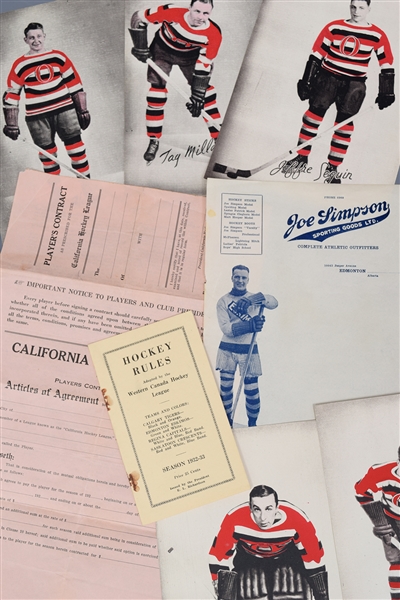 Western Canada Hockey League 1932-33 Rules Booklet, Late-1920s California Hockey League Contract, Joe Simpson Sporting Goods Letterhead and Much More!