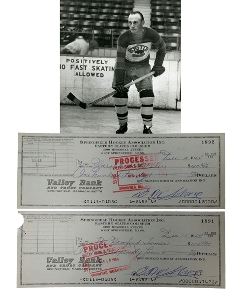 Deceased HOFer Eddie Shore Springfield Hockey Association Signed Checks (2) with LOA