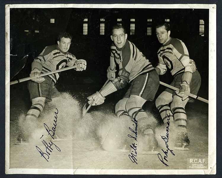 Vintage Milt Schmidt, Bobby Bauer and Porky Dumart "Kraut Line" Triple-Signed Circa 1942 Ottawa RCAF Flyers Photo with LOA