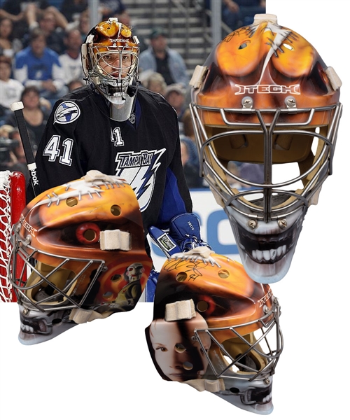 Mike Smiths 2008-09 Tampa Bay Lightning "Saw V" Signed Game-Worn Goalie Mask - Photo-Matched!