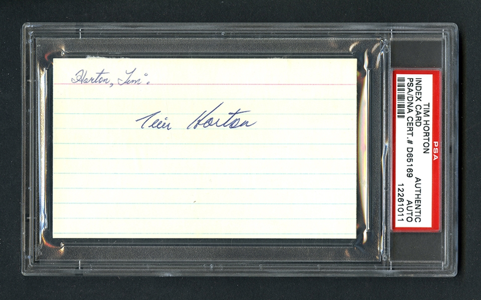 Deceased HOFer Tim Horton Signed Index Card - PSA/DNA Certified