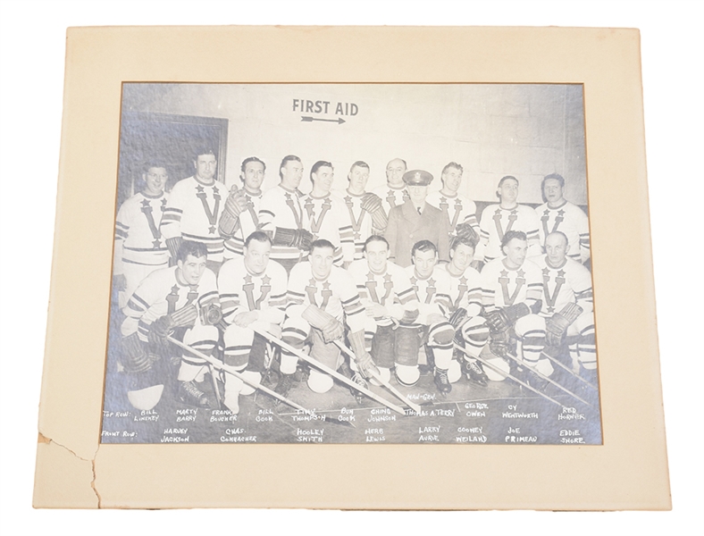 NHL All-Stars 1940s War Relief Hockey Team Photo with Shore, Boucher, Primeau, Conacher and Other Stars (14" x 17") 