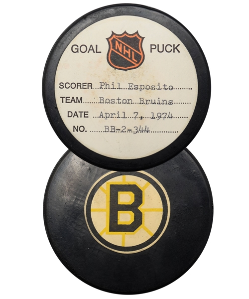 Phil Espositos Boston Bruins April 7th 1974 Goal Puck from the NHL Goal Puck Program - 68th Goal of Season / Career Goal #466
