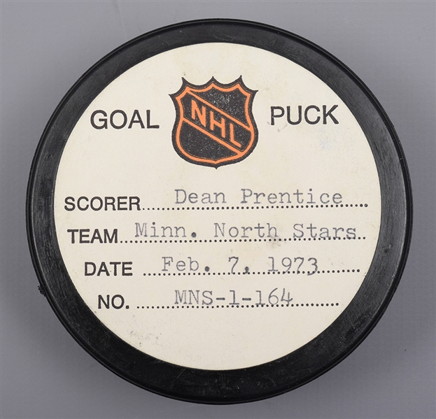 Dean Prentices Minnesota North Stars February 7th 1973 Goal Puck from the NHL Goal Puck Program - 20th Goal of Season / Career Goal #383