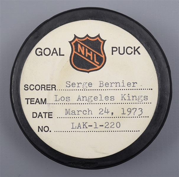 Serge Berniers Los Angeles Kings March 24th 1973 Goal Puck from the NHL Goal Puck Program - 20th Goal of Season / Career Goal #66