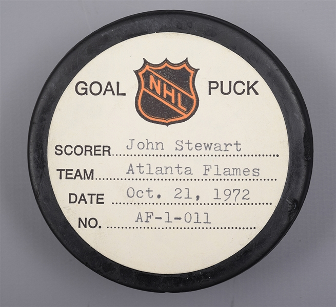 John Stewarts Atlanta Flames October 21st 1972 Goal Puck from the NHL Goal Puck Program - 1st Goal of Season / Career Goal #5