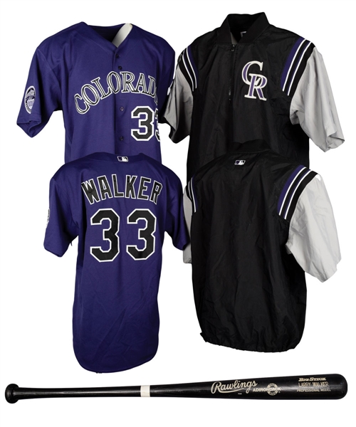 Larry Walkers 2002 Colorado Rockies Game-Worn Alternate Jersey and Batting Practice Jacket with Team LOAs Plus Rawlings Game-Used Bat