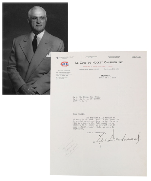 Deceased HOFer Leo Dandurand Signed 1929 Montreal Canadiens Letterhead