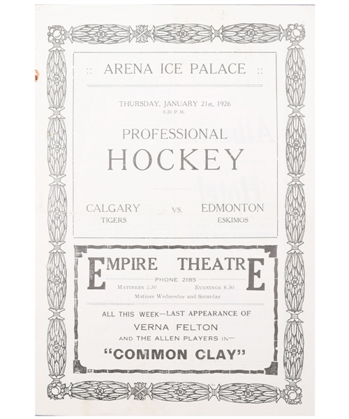 1925-26 WCHL Edmonton Eskimos vs Calgary Tigers Hockey Program with Eddie Shore