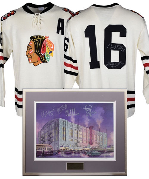 Bobby Hull Signed Chicago Black Hawks Vintage Style Jersey with "Stanley Cup 1961" Annotation Plus Belfour, Hull, Chelios and Esposito Multi-Signed Framed Print