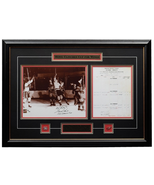 Gordie Howe Signed 1955 Detroit Red Wings Stanley Cup "Howe Clinches Cup for Wings" Limited-Edition Framed Display #66/199 with COA (23” x 32”) 