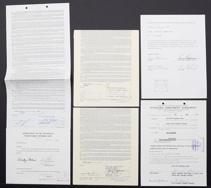 Toronto Maple Leafs 1970s / 1980s NHL Contract and Document Collection of 6 with Signatures of Deceased HOFers Campbell and Imlach