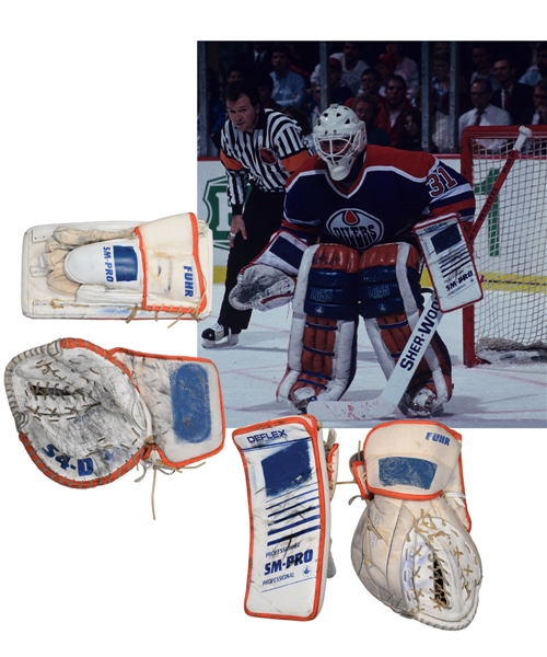 Grant Fuhrs Late-1980s Edmonton Oilers Game-Worn D&R Goalie Glove and Blocker - Photo-Matched!