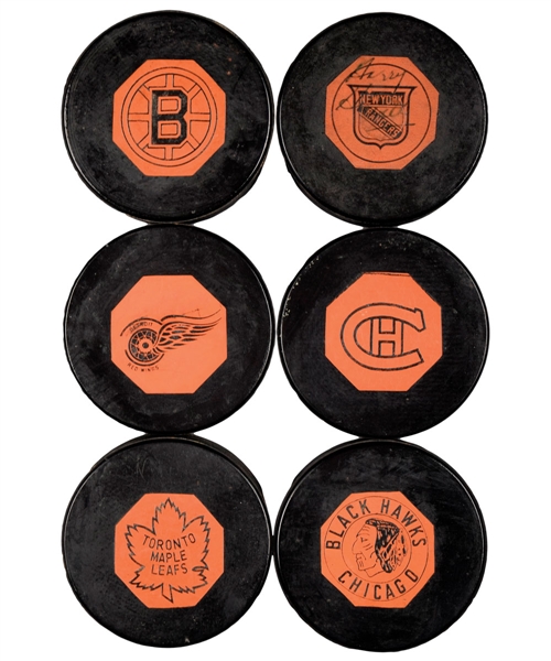 1958-62 "Original Six" Art Ross NHL Game Puck Complete Set of 6 - First Team Logo Pucks!