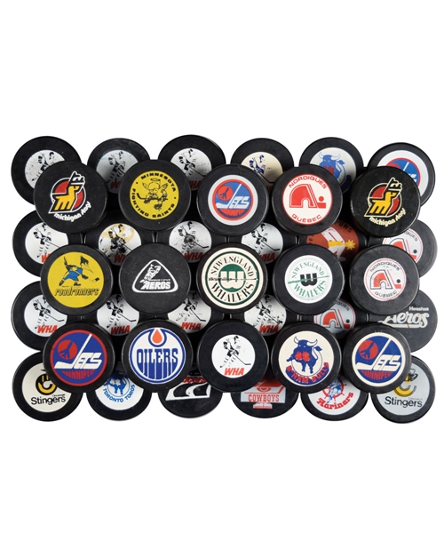 1972-79 Biltrite WHA Game Puck Collection of 39
