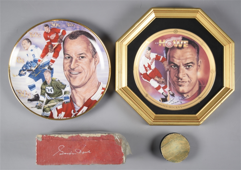 Gordie Howe / Detroit Red Wings Autograph Collection of 4 with Howe Signed Detroit Olympia Brick