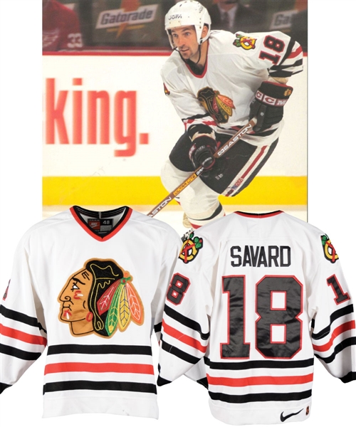 Denis Savards 1996-97 Chicago Black Hawks Game-Worn Jersey with LOA - Team Repairs!