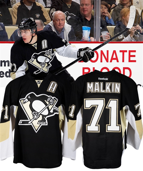 Evgeni Malkins 2011-12 Pittsburgh Penguins Game-Worn Alternate Captains Jersey with Team LOA - Art Ross and Hart Memorial Trophies Season - Photo-Matched!