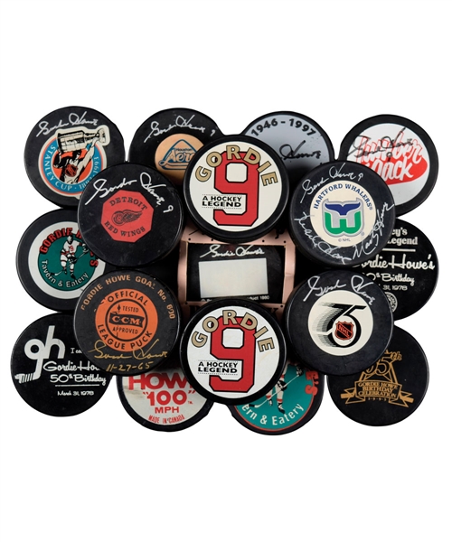 Gordie Howe Game and Souvenir Puck Collection of 17 Featuring 8 Signed Pucks