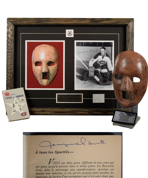 Jacques Plante Montreal Canadiens Signed Framed Montage, Signed Book and Replica Mask