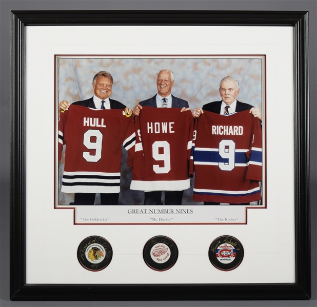 "Great Number Nines" Gordie Howe, Maurice Richard and Bobby Hull Signed Pucks Framed Display (26 ½” x 27 ½”) 