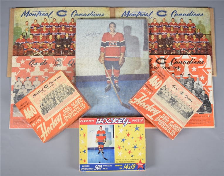 Vintage 1950s Jean Beliveau, Montreal Canadiens and Quebec Aces Hockey Jigsaw Puzzle Collection of 5