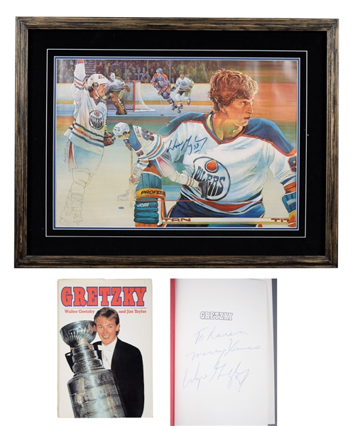 Wayne Gretzky Vintage-Signed Early-1980s Edmonton Oilers Brent Lynch Poster and Vintage-Signed 1984 Book "Gretzky"