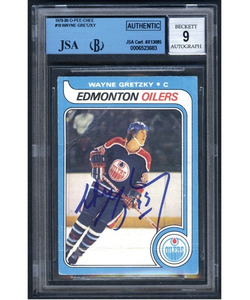 1979-80 O-Pee-Chee Hockey #18 HOFer Wayne Gretzky Signed Rookie Card with WGA COA - Autograph Graded Beckett 9