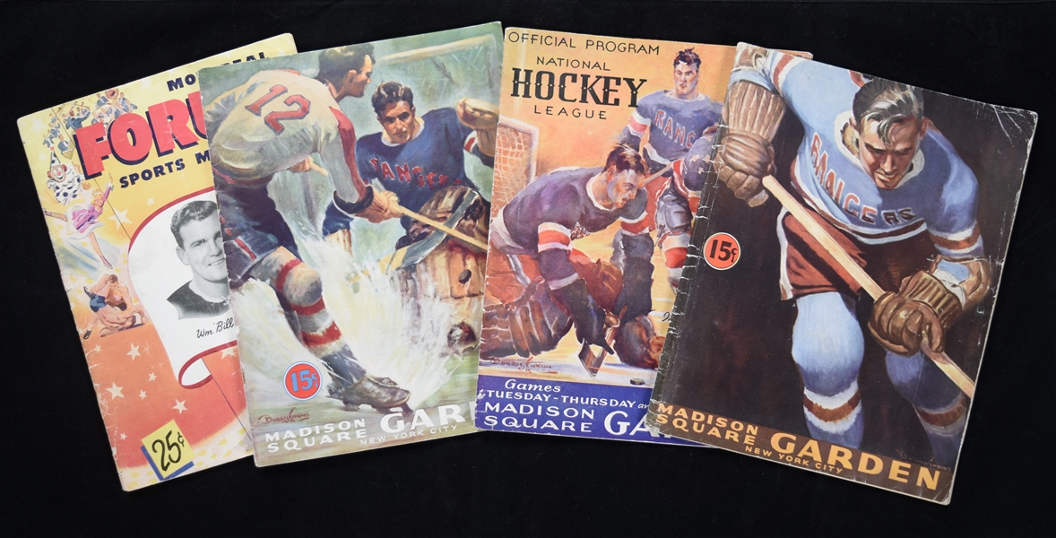 1935-50 NHL Program Collection of 4 with Rangers, Americans and Canadiens Programs and Including Maurice Richard RC Year Program