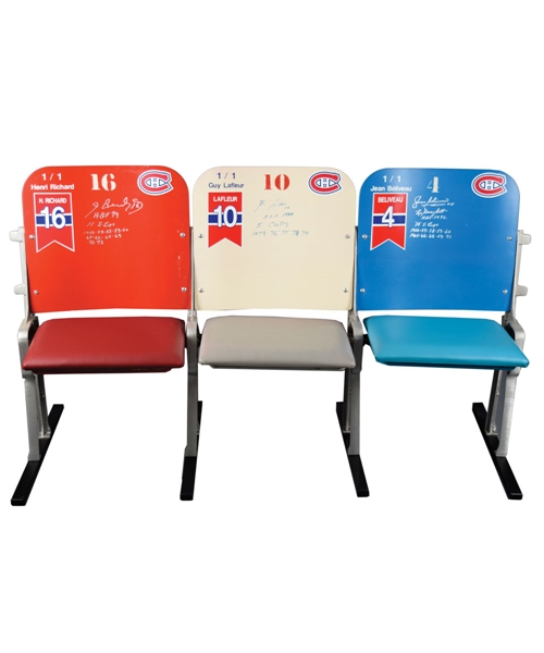 Henri Richard, Jean Beliveau and Guy Lafleur Signed Limited-Edition 1/1 Montreal Forum Seats (3) with Annotations