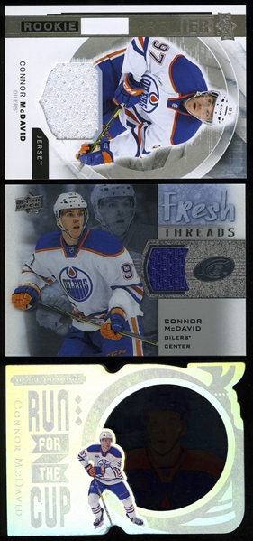 Connor McDavid Edmonton Oilers 2015-16 Upper Deck #R-47 Premier Rookie and #FT-CM Fresh Threads Plus 2016-17 Upper Deck #RUN-CM Run for the Cup